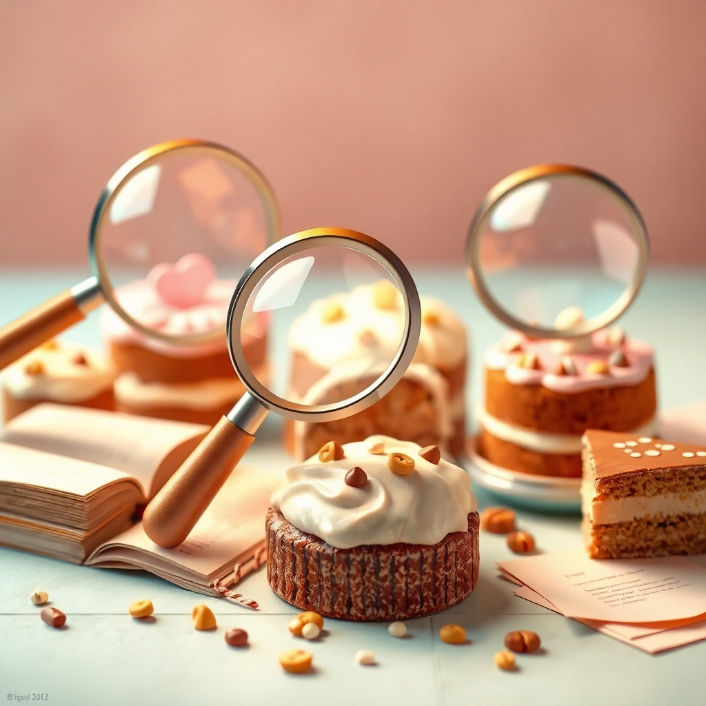 Imagine a whimsical scene featuring oversized magnifying glasses focused on intricate details of cookies and cakes. Use soft, playful lighting to create a sense of wonder and discovery. Add subtle elements like open books and scattered notes to suggest intellectual exploration. Style reference: Children's book illustration meets photorealistic rendering. Technical Specs: High-resolution, photorealistic.
