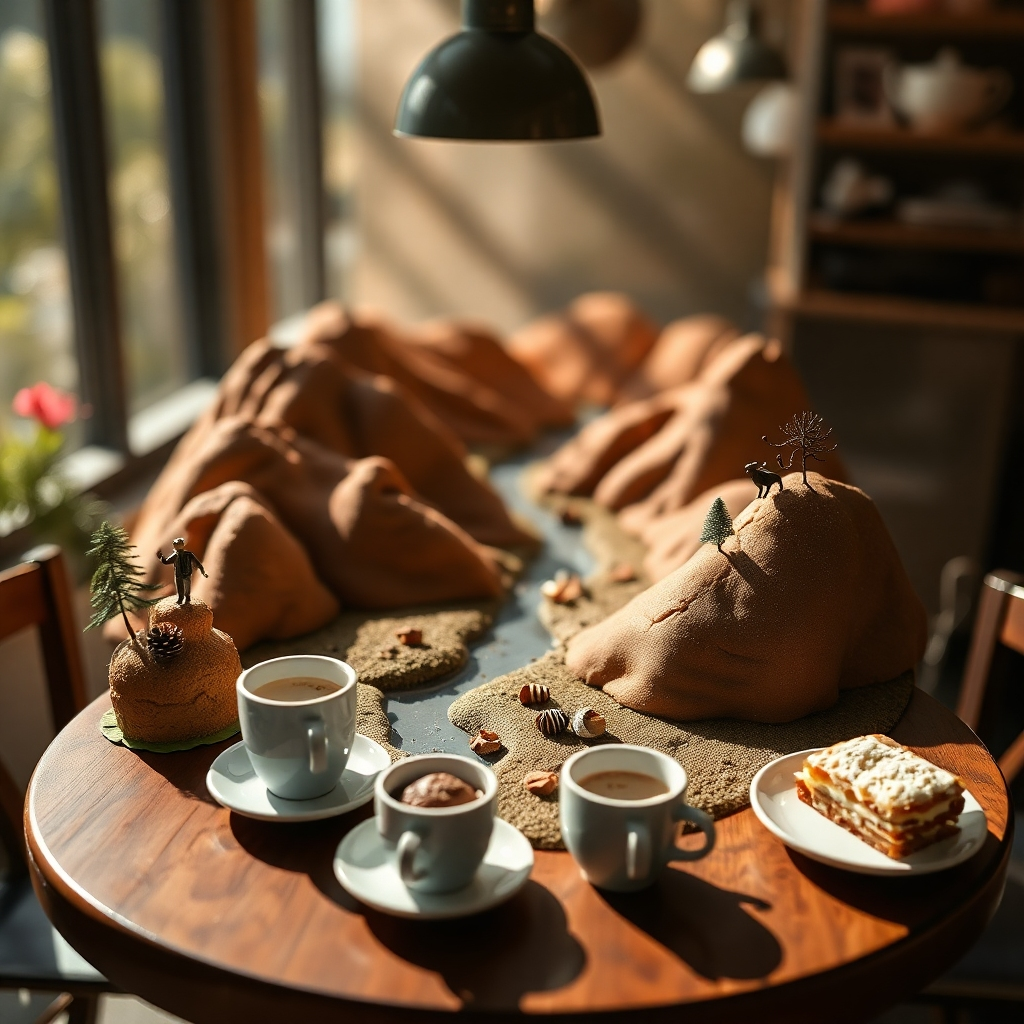 Visualize a cafe table transformed into a miniature landscape, with pastries and coffee cups arranged to resemble hills, valleys, and rivers. The lighting should be dramatic, casting long shadows and emphasizing the surreal quality of the scene. Add miniature figures engaged in playful activities. Style reference: Miniature photography meets surrealism. Technical Specs: High-resolution, photorealistic.