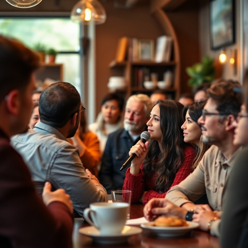 Visualize a cozy cafe space filled with people attentively listening to a speaker at a microphone. Focus on capturing the energy and excitement of the event, as well as the diversity of the audience. Use soft, warm lighting to create a comfortable and inviting atmosphere. Include subtle hints of coffee cups and pastries in the background. Style reference: Event photography with a focus on human connection. Technical Specs: High-resolution, natural lighting.