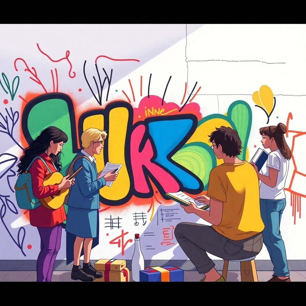 Visualize a group of artists, writers, and thinkers collaborating on a shared project, such as a mural, a story, or a song. Focus on the energy and excitement of the creative process. Use bold, vibrant colors to convey a sense of inspiration. Style reference: Street art meets photorealistic rendering. Technical Specs: High-resolution, photorealistic.