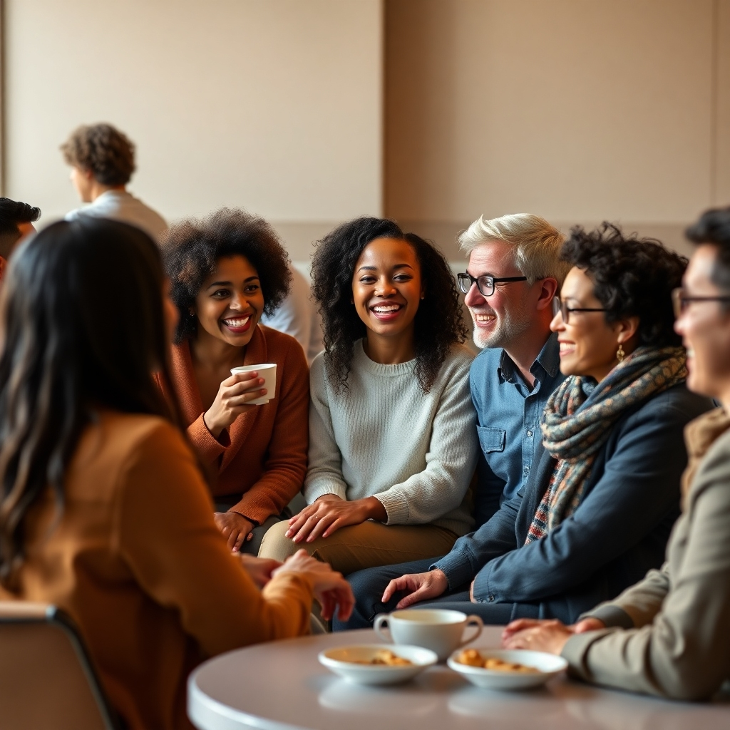  Visualize a group of diverse individuals seated in a circle, engaged in animated conversation. Focus on the interplay of facial expressions and body language to convey the energy of the dialogue. Use warm, inviting lighting to create a comfortable atmosphere. Include subtle hints of coffee cups and pastries in the background. Style reference: Candid photography with a focus on emotional authenticity. Technical Specs: High-resolution, photorealistic.
