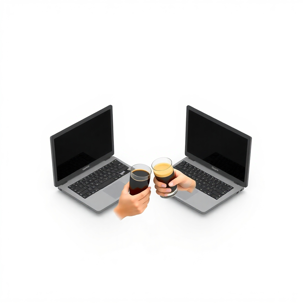 Crea una imagen fotorrealista que muestre a dos personas realizando una videollamada. Ambos sonríen y sostienen tazas de café y mate respectivamente. El fondo debe mostrar el entorno del hogar de cada persona, creando una sensación de conexión. La iluminación debe ser cálida y acogedora. La paleta de colores debe ser amigable y accesible, utilizando azules, verdes y amarillos suaves. La imagen debe transmitir la idea de una reunión virtual amistosa. Resolución 8k, hiperrealista.