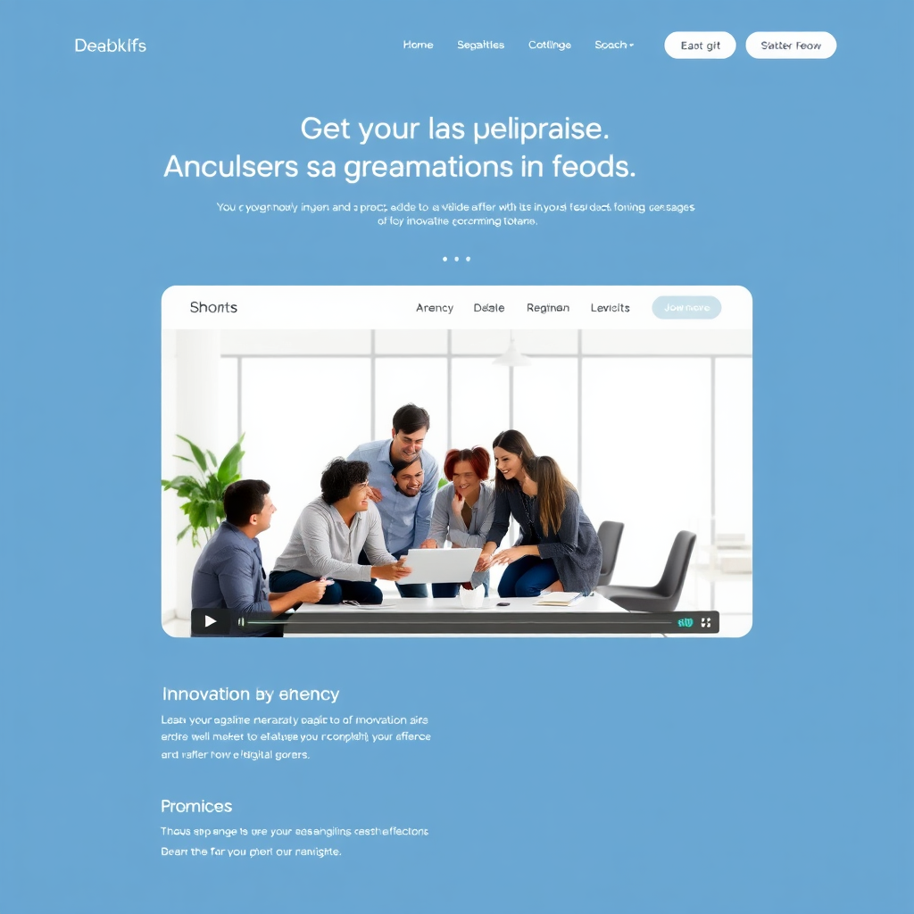 A clean, modern website mockup featuring a prominent, centrally located video player. The video is paused on a captivating scene showcasing a diverse team collaborating on a digital project. The website design is minimalist, with a focus on user experience. Subtle animations and interactive elements enhance the visual appeal. The color palette is professional and inviting, with shades of blue, white, and gray. The navigation is simple and intuitive, with clear call-to-action buttons. The overall image should convey innovation, expertise, and a user-friendly experience. The website should feel welcoming and easy to navigate. The typography is clean and legible. The visual hierarchy guides the user's attention to the central video and the key messages of the agency.