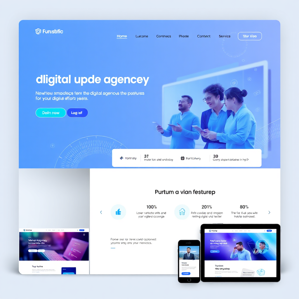 A futuristic digital agency website homepage. Clean, minimalist design with a central focus on user experience. Subtle animations and interactive elements. Navigation bar with clear call-to-action buttons. High-quality stock photo of diverse team members collaborating on digital projects. Cool color scheme of blues and purples. Incorporate the company logo prominently. Include subtle abstract patterns representing innovation and technology. Mockups of various devices displaying the website to showcase its responsiveness. Overall, the image should convey professionalism, innovation, and user-centric design. The site should feel open and accessible, inviting the user to explore further. Consider the user journey, and highlight the key features of the digital agency's services.