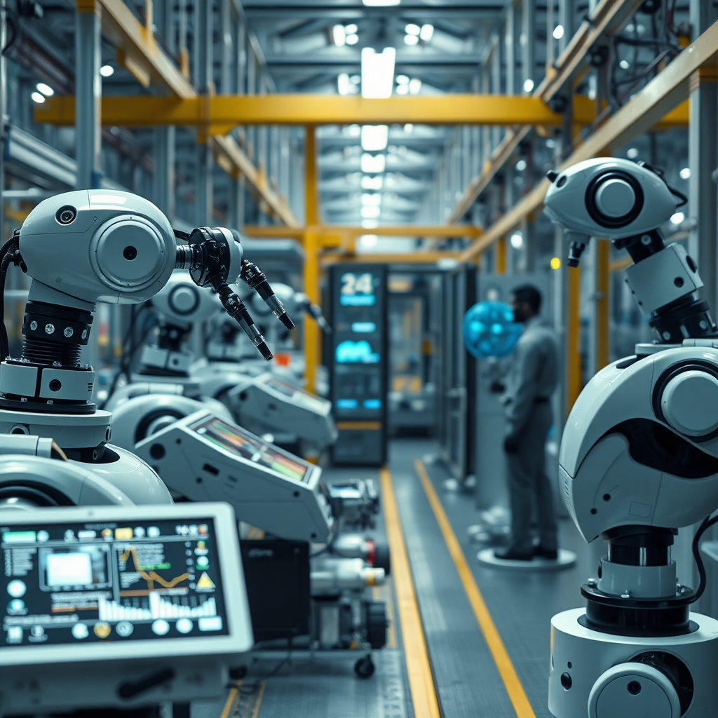 A futuristic industrial setting showcasing advanced automation systems powered by artificial intelligence. Focus on a seamless integration of robots, sensors, and data analytics platforms. Machines are performing complex tasks autonomously, while human operators are monitoring performance and making strategic decisions. Include subtle visual cues representing AI algorithms, machine learning models, and predictive analytics dashboards. The overall image should convey efficiency, precision, and a data-driven approach to automation. The color scheme should be cool and professional, reflecting the advanced technology and scientific rigor of the AI systems. Consider subtle elements of human-machine collaboration to highlight the benefits of automation for both businesses and employees. The composition should emphasize the transformative power of AI in optimizing industrial processes.