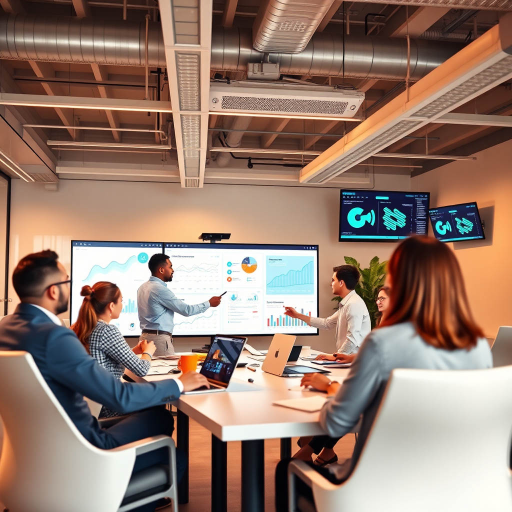 A modern, bright office scene showcasing diverse professionals collaborating using advanced digital tools. Focus on a clean, open workspace with multiple displays showcasing data analytics and project management software. Employees are engaged in video conferences, interactive whiteboarding, and real-time data analysis. Include subtle visual cues representing automation, such as automated workflows and task management systems. The overall image should convey productivity, efficiency, and a collaborative work environment enabled by digital transformation. The color scheme should be warm and inviting, promoting a sense of teamwork and innovation. Consider subtle elements of gamification and positive reinforcement to highlight improved employee engagement. The composition should emphasize the seamless integration of technology into the workplace.