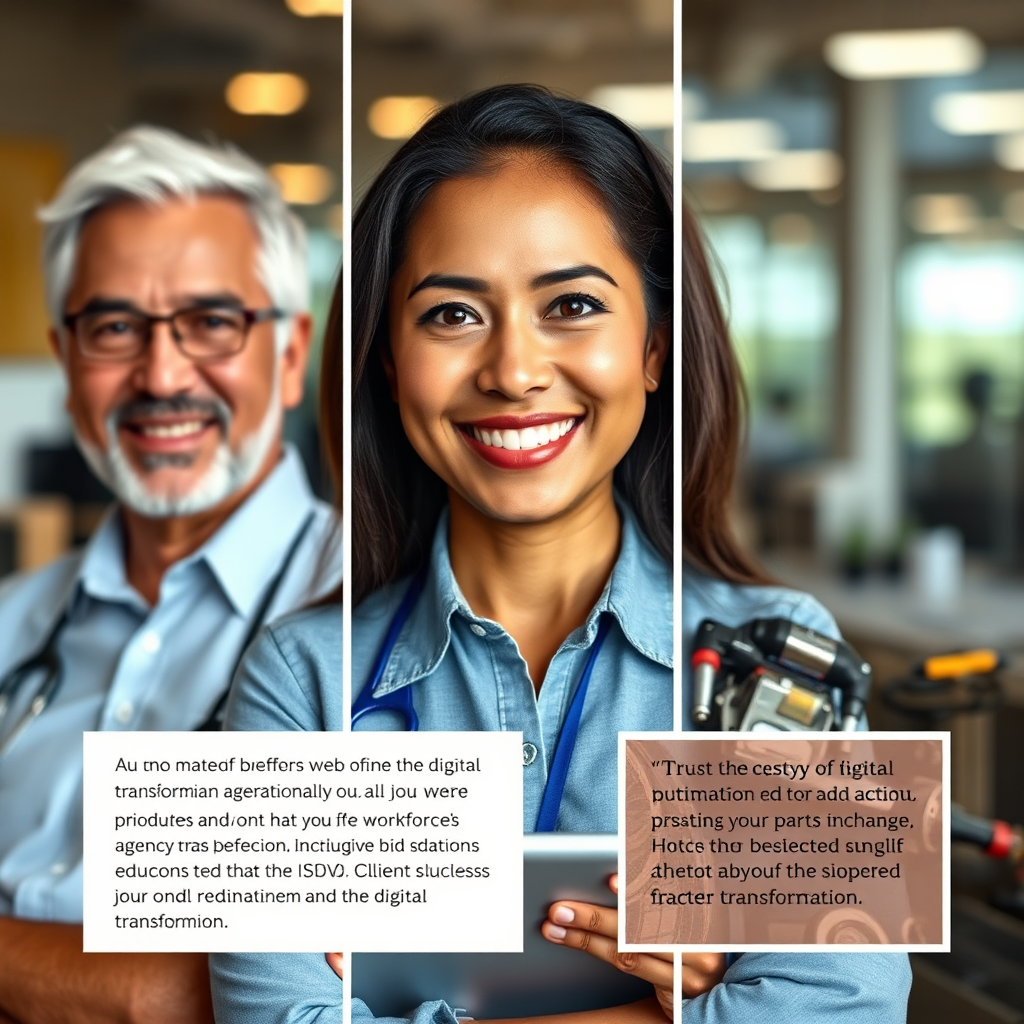 A photorealistic composition featuring three separate, smaller portraits arranged side-by-side. Each portrait depicts a satisfied client giving a testimonial about a digital transformation agency. The clients are diverse in age, ethnicity, and profession. Backgrounds subtly showcase the type of digital transformation they experienced (e.g., a modern office for workforce transformation, a student with a tablet for education transformation, an automated factory for automation transformation). Include subtle visual cues to connect each client's testimonial with the digital agency's branding. The overall image should convey trust, success, and positive outcomes. The lighting should be warm and inviting, emphasizing the client's genuine happiness. The focus should be on the clients' expressions and the context of their stories, not on the agency itself. Consider the composition to create a sense of credibility and approachability.