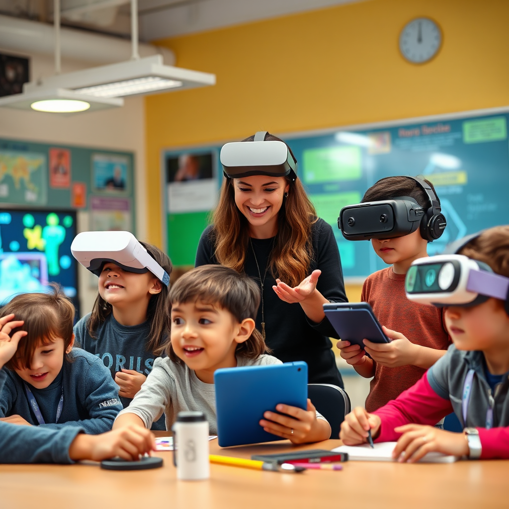 A vibrant and engaging classroom scene showcasing students of various ages interacting with digital learning tools. Focus on a dynamic learning environment with interactive displays, tablets, and virtual reality headsets. The teacher is facilitating personalized learning experiences, adapting to each student's individual needs. Include subtle visual cues representing advanced educational technologies, such as adaptive learning platforms and AI-powered tutoring systems. The overall image should convey excitement, innovation, and a passion for learning. The color scheme should be bright and optimistic, promoting a sense of curiosity and exploration. Consider subtle elements of gamification and positive reinforcement to highlight improved student engagement and outcomes. The composition should emphasize the seamless integration of technology into the educational process.
