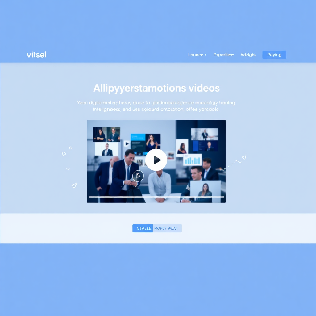 A website mockup showing a centrally located promotional video for a digital transformation agency. The video player is large and prominent, with a clear play button. The surrounding website design is clean and modern, with subtle animations and interactive elements. The color scheme is cool and professional, with blues and grays dominating. The video is a montage of dynamic shots showing the agency's team, technology, and client success stories. There are subtle hints of artificial intelligence and automation visible. The overall image should convey innovation, expertise, and a user-friendly experience. The call to action is clear and inviting. This central video placement immediately attracts attention and showcases the agency's core value proposition. The background should be minimalistic to not distract from the main element, the video.