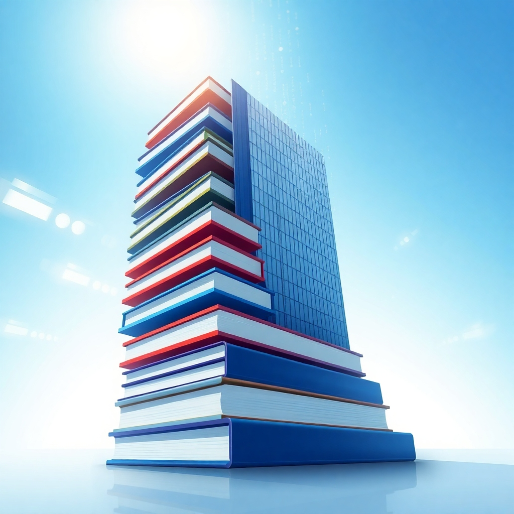 Crea una imagen estilizada de una pila de libros que se transforman en un rascacielos. Los libros representan el conocimiento académico, y el rascacielos representa una carrera exitosa. El fondo debe ser un cielo azul con flujos de datos. La iluminación debe ser brillante y motivacional. La paleta de colores debe ser profesional, utilizando azules, grises y dorados. La imagen debe transmitir la idea de que la base académica de VALE conduce al éxito. Utilice un estilo de arte digital. Resolución 8k.