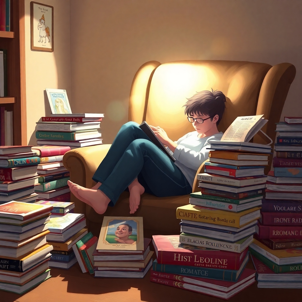 A digitally painted scene of a person curled up in a cozy armchair, surrounded by stacks of coloring books, picture books, and romance novels. A soft, glowing light emanates from the books. The color palette is warm and inviting. Camera angle is a medium shot, emphasizing the feeling of comfort and security. Style: Intimate and reassuring. 4K resolution.