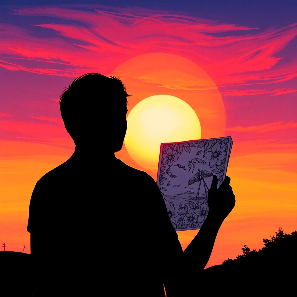 A digitally painted scene of a person silhouetted against a sunset, holding a coloring book. The sunset reflects the colors and imagery from coloring books, picture books, and romance novels. The color palette is warm and vibrant. Camera angle is long shot, emphasizing the feeling of escape. Style: Inspiring and hopeful. 4K resolution.