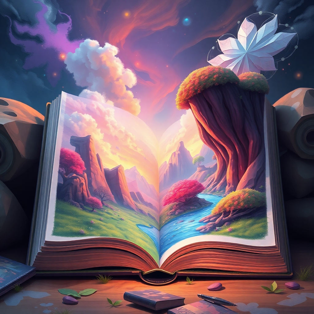 A digitally painted scene of a fantastical world emerging from the pages of an open hybrid book. One half of the book displays a partially colored landscape, while the other shows a continuation of that landscape rendered in vivid detail. The color palette is vibrant and magical. The camera angle is slightly elevated, emphasizing the immersive quality. Style: Dreamlike and imaginative. 4K resolution.