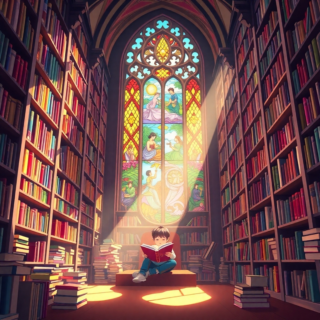 A digitally painted scene of a reader nestled in a fantastical library, surrounded by towering bookshelves filled with colorful books. Sunlight streams in through a stained-glass window depicting scenes from coloring books, picture books, and romance novels. The color palette is rich and vibrant. The camera angle is a wide shot, emphasizing the grandeur of the library. Style: Dreamlike and majestic. 4K resolution.