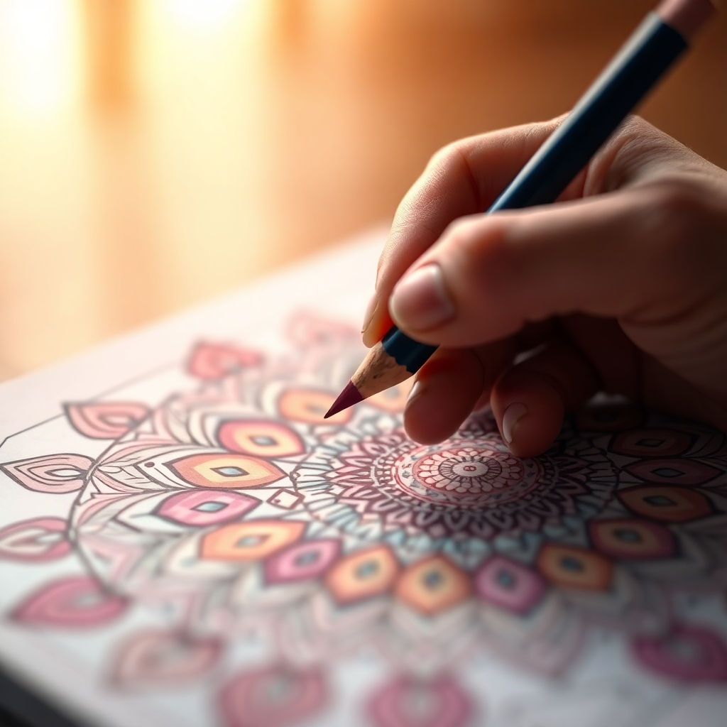 A photorealistic close-up image of a hand holding a colored pencil, coloring a detailed mandala in a coloring book. The background is blurred, focusing on the vibrant colors and intricate patterns. Soft, diffused lighting enhances the textures. The color palette is rich and diverse, showcasing a range of hues. Camera angle is slightly angled, highlighting the depth of the image. Texture details are highly refined, showing the texture of the paper, the colored pencil, and the lines of the mandala. Style reference: Realistic with a focus on color and texture. 4K resolution.