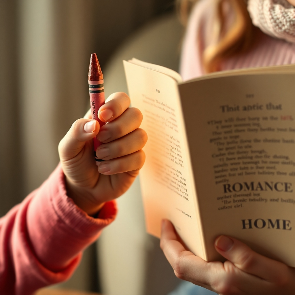 A photorealistic image blending childhood and adulthood imagery. A child's hand holding a crayon transitions seamlessly into an adult's hand holding a romance novel. Soft, warm lighting connects the two scenes. The color palette is comforting and nostalgic. Camera angle is a close-up, emphasizing the transition. Texture details are carefully rendered. Style: Sentimental and evocative. 4K resolution.
