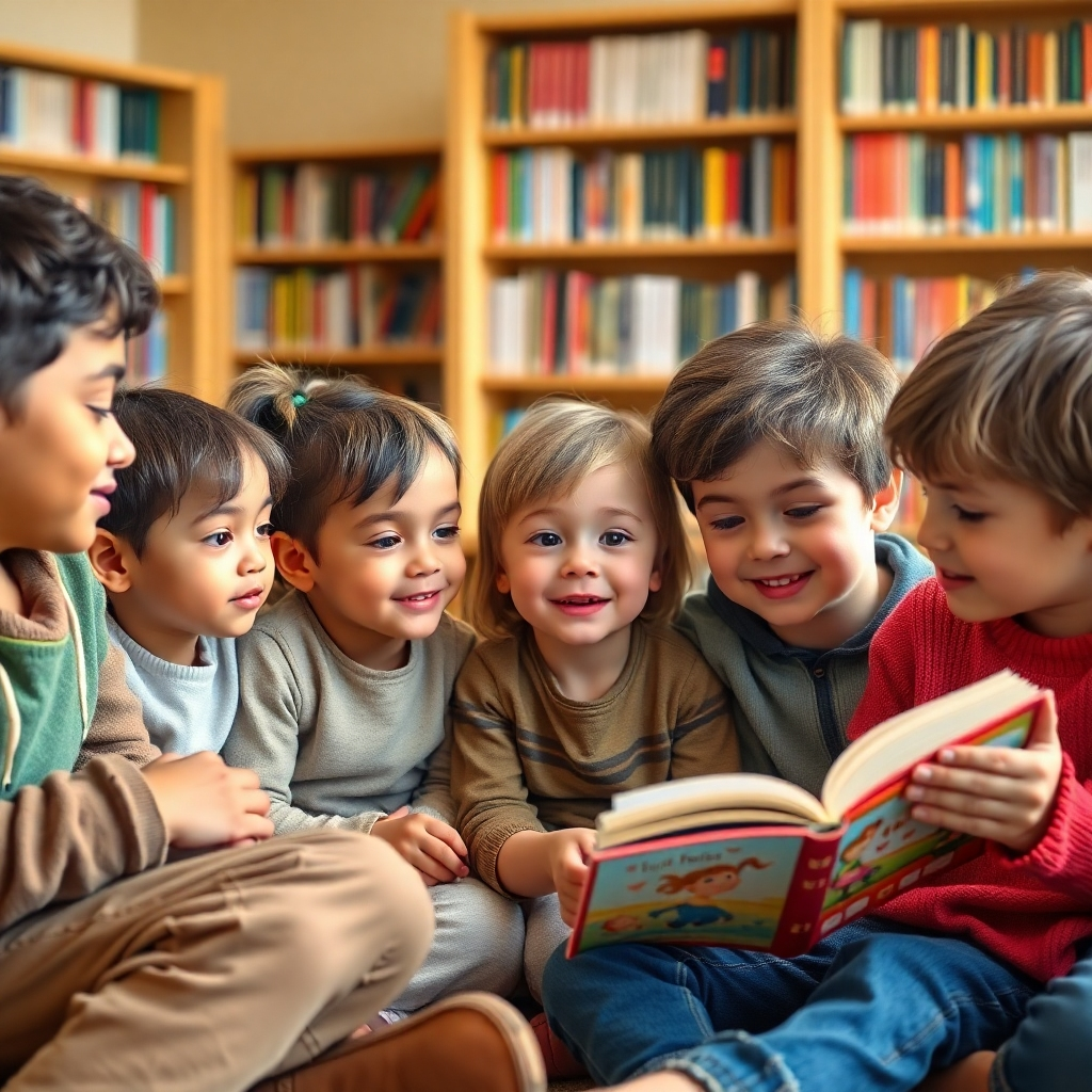 A photorealistic image of a group of children of different ages sitting together, listening to a story being read from a picture book. The children are captivated by the story, their faces filled with wonder and excitement. The background shows a cozy library with bookshelves filled with books. Soft, natural lighting creates a welcoming atmosphere. The color palette is warm and inviting. Camera angle is a wide shot, capturing the entire group and the engaging atmosphere. Texture details are evident in the children's clothing and the pages of the book. Style reference: Heartwarming and realistic. 4K resolution.