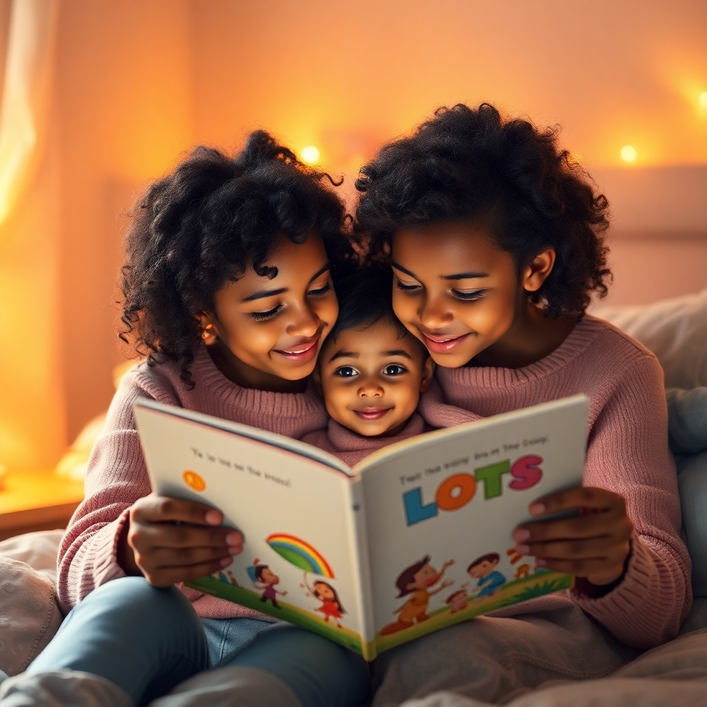 A photorealistic image of a parent reading a picture book to their child in a cozy bedroom. Soft, warm lighting creates a comforting atmosphere. The picture book is open, displaying colorful illustrations. The color palette is warm and inviting. Camera angle is a close-up shot, focusing on the connection between the parent and child. Texture details are refined, showing the texture of the book and the characters' clothing. Style reference: Heartwarming and realistic. 4K resolution.