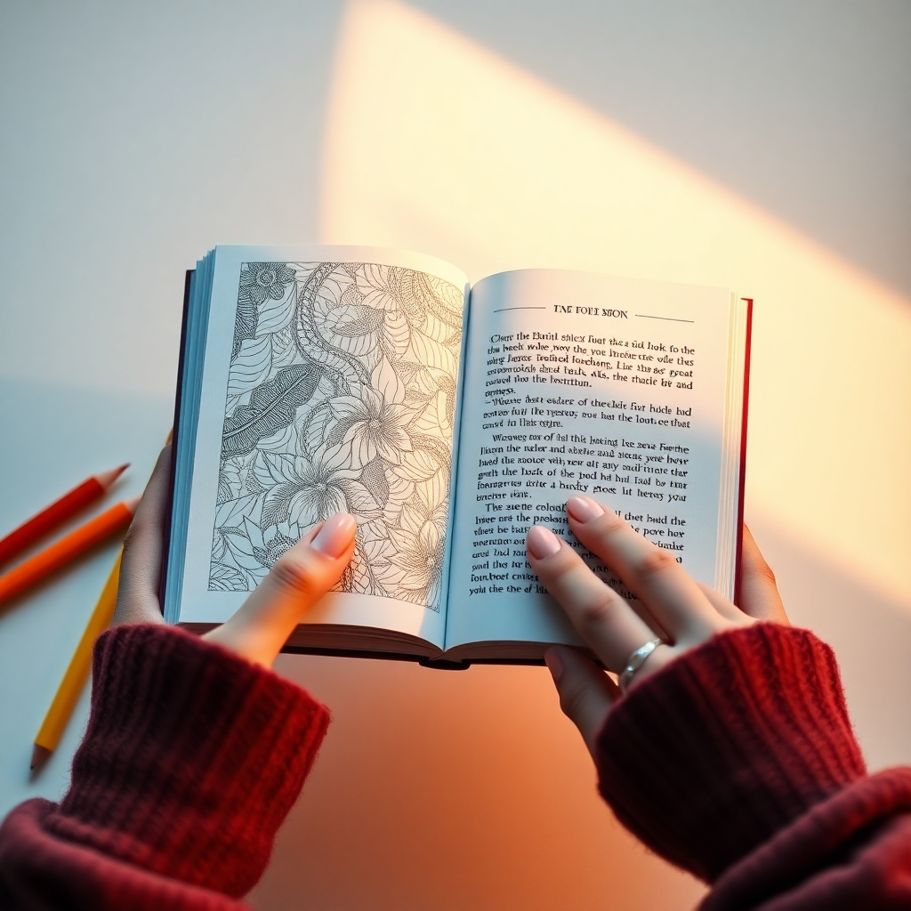 A photorealistic image of hands holding a hybrid book open, featuring an intricate coloring section on one side and a story excerpt on the other. Pencils of various colors are scattered around the book. Soft, warm lighting enhances the textures. The color palette is inviting and creative. Camera angle is a close-up, highlighting the interactive elements. Style: Cozy and engaging. 4K resolution.