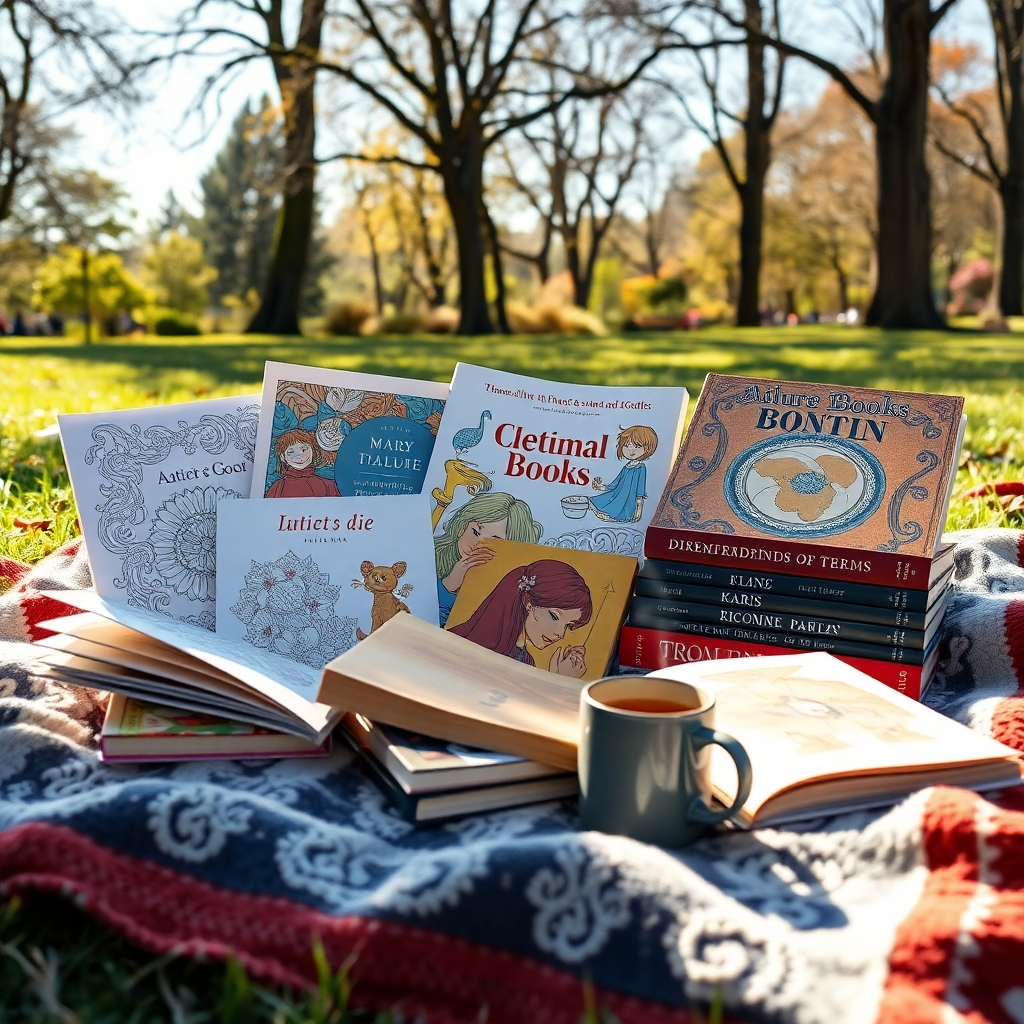 A photorealistic image showcasing a diverse collection of coloring books, picture books, and romance novels arranged artfully on a cozy blanket in a sunlit park. A steaming mug of tea sits nearby. The color palette is warm and inviting. Camera angle is a slightly elevated, highlighting the variety of books. The texture of the blankets and book covers are detailed. Style: Cozy and inviting. 4K resolution.