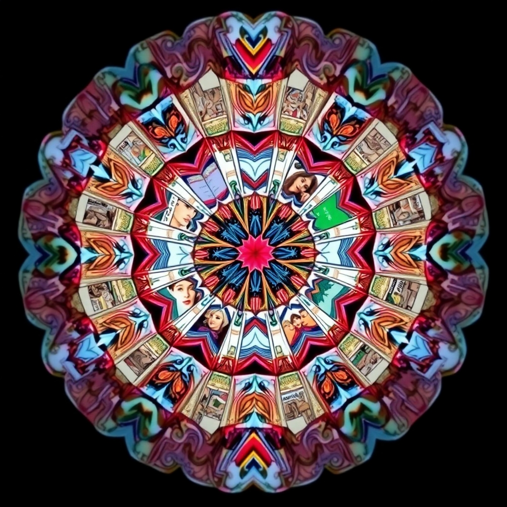 A stylized image depicting a heart-shaped kaleidoscope filled with images from coloring books, picture books, and romance novels. Each section of the kaleidoscope represents a different emotion. The color palette is vibrant and diverse. Camera angle is a top-down view, emphasizing the intricate patterns. Style: Symbolic and expressive. 4K resolution.