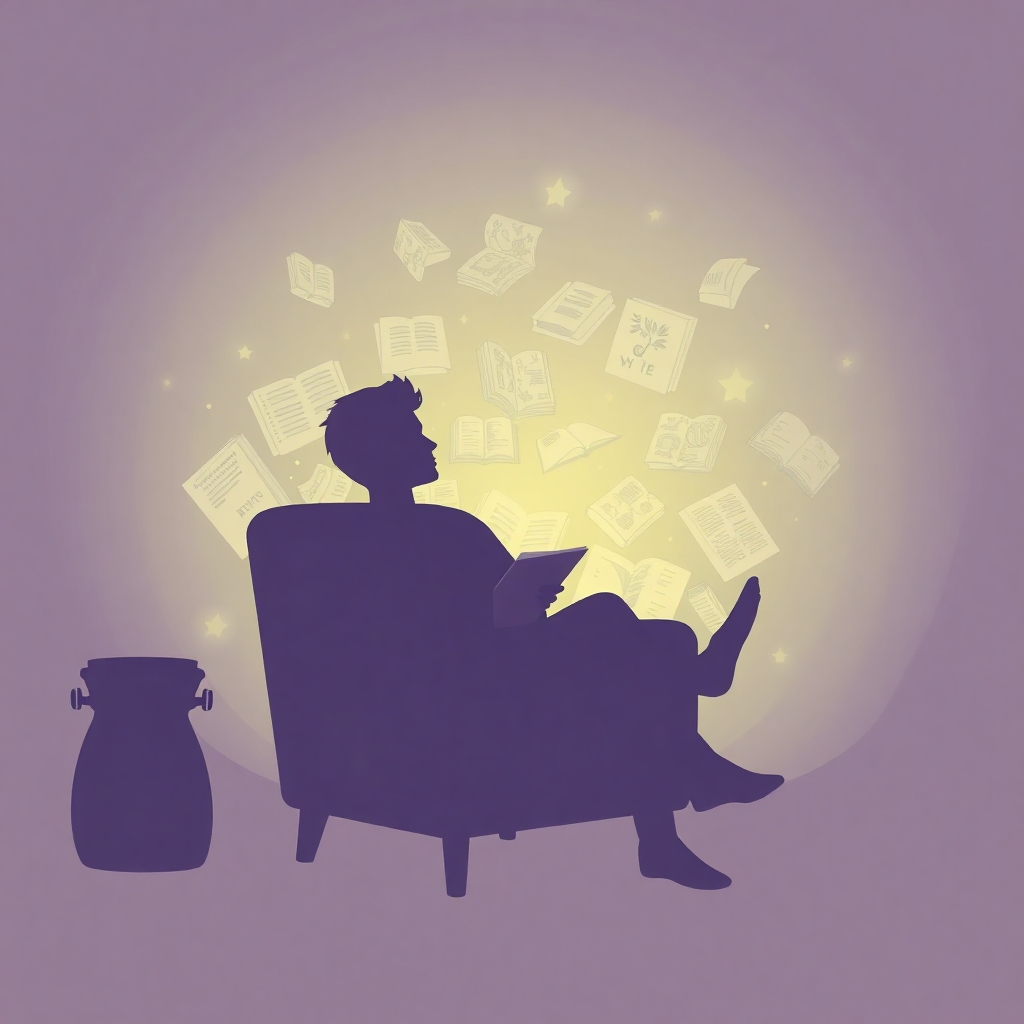 A stylized image depicting a silhouette of a person relaxing in a comfortable armchair, surrounded by a glowing aura of books. The aura features imagery from coloring books, picture books, and romance novels. The color palette is calming and serene. Camera angle is a medium shot, emphasizing the relaxing atmosphere. Style: Minimalist and tranquil. 4K resolution.