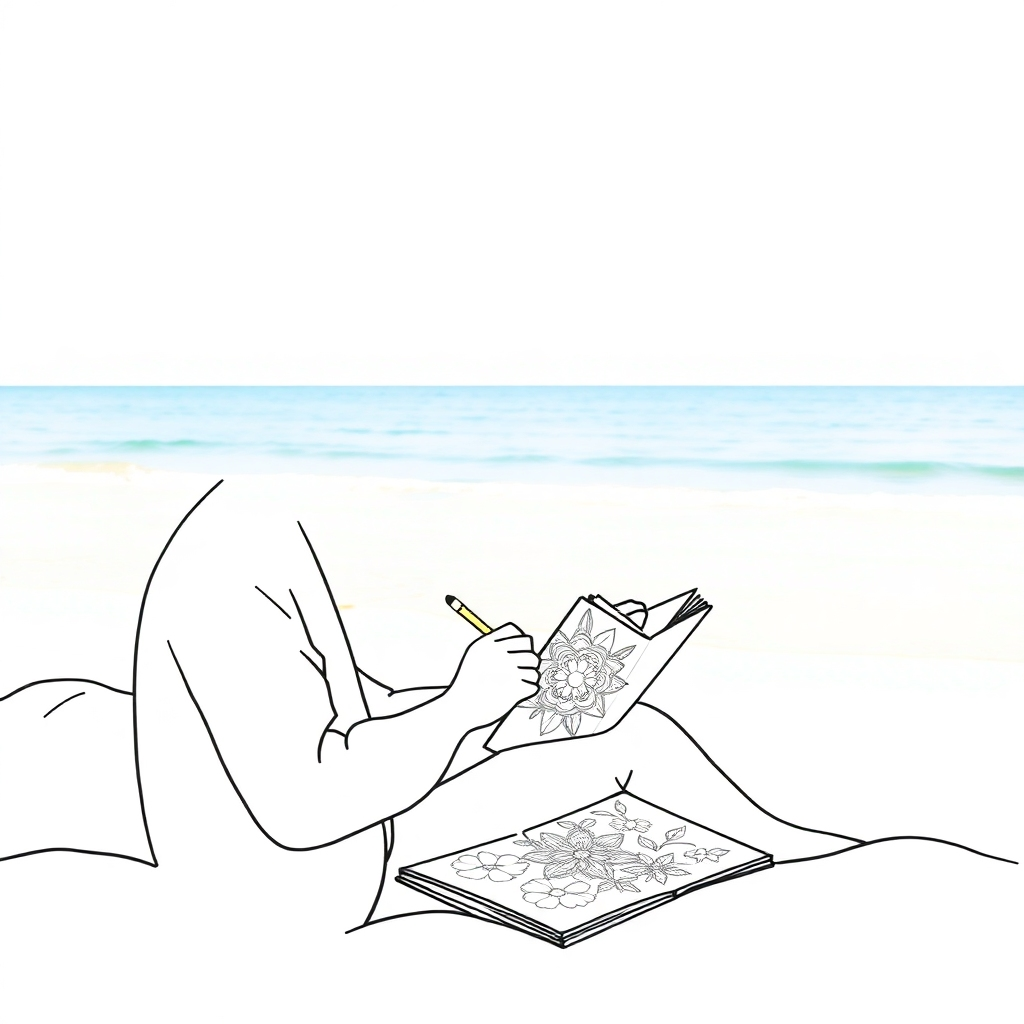 A stylized image of a person peacefully coloring in a coloring book, surrounded by a serene environment. The background shows a calming beach scene with gentle waves and a clear blue sky. Soft, pastel colors dominate the palette. The person is depicted in a minimalist style, emphasizing their relaxed posture. Camera angle is a medium shot, showing the person and the peaceful surroundings. Texture details are subtle, focusing on the overall mood and atmosphere. Style reference: Minimalist and serene. 4K resolution.