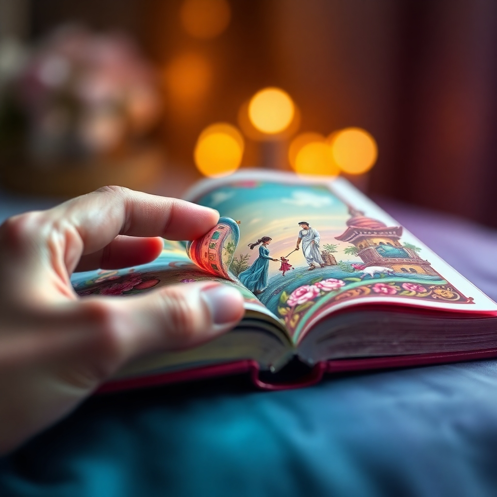 A stylized image showcasing a hand gently turning the pages of a book. As the pages turn, vibrant colors, intricate designs, and romantic scenes emerge. The background is blurred. The color palette is rich and diverse. Camera angle is close-up, emphasizing the sensory experience. Style: Dreamlike and ethereal. 4K resolution.