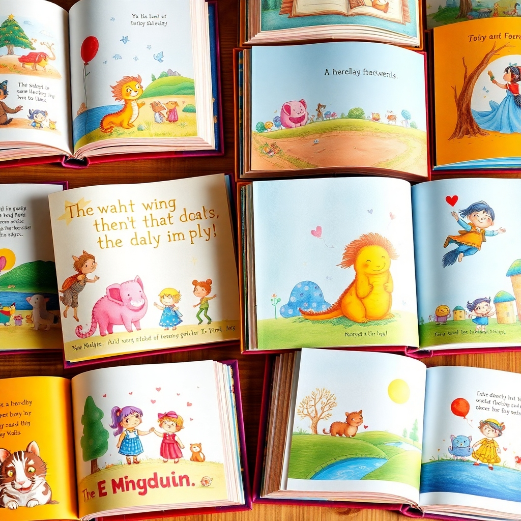 A stylized image showcasing a collection of open picture books, each displaying vibrant and imaginative illustrations. The illustrations depict fantastical creatures, magical landscapes, and heartwarming scenes. The color palette is bright and cheerful. Camera angle is a medium shot, highlighting the diversity of the illustrations. Texture details are subtle, focusing on the overall artistic style. Style reference: Whimsical and imaginative. 4K resolution.