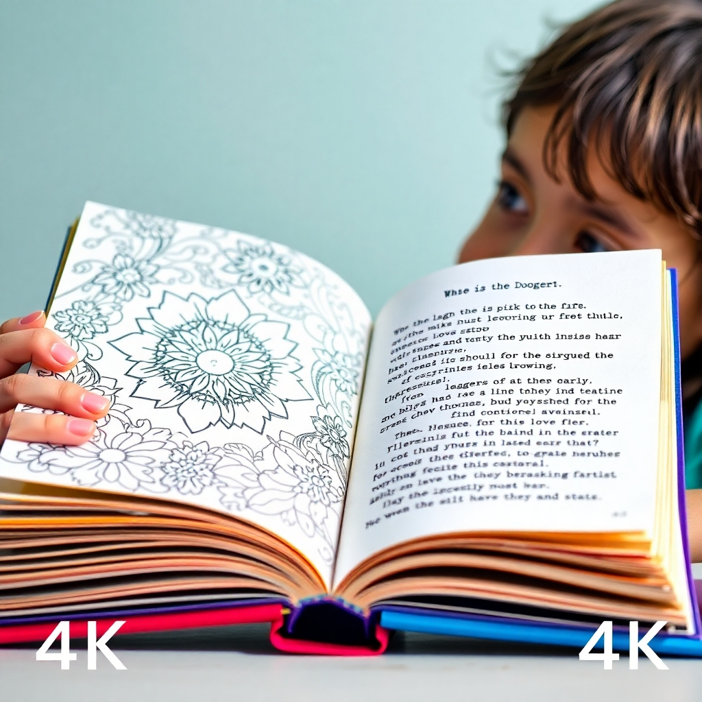 A stylized image showcasing a hybrid book, half of which features intricate coloring designs, while the other half displays captivating text. A child is partially coloring the design, while their eyes are focused on the narrative. A vibrant, playful color palette is used. The camera angle is a close-up, emphasizing the book's dual nature. The texture of the paper and coloring pencils are detailed. Style: Playful and inviting. 4K resolution.