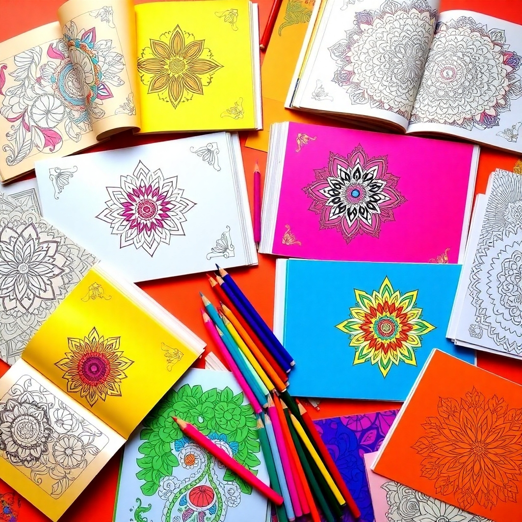 A vibrant and colorful image showcasing a variety of coloring books open to different pages, each displaying unique and intricate designs. The coloring books are arranged in an artistic composition, with pencils and markers scattered around them. Bright, bold colors dominate the palette. Camera angle is a top-down view, capturing the full array of designs and colors. Texture details are evident in the paper and coloring tools. Style reference: Artistic and playful. 4K resolution.