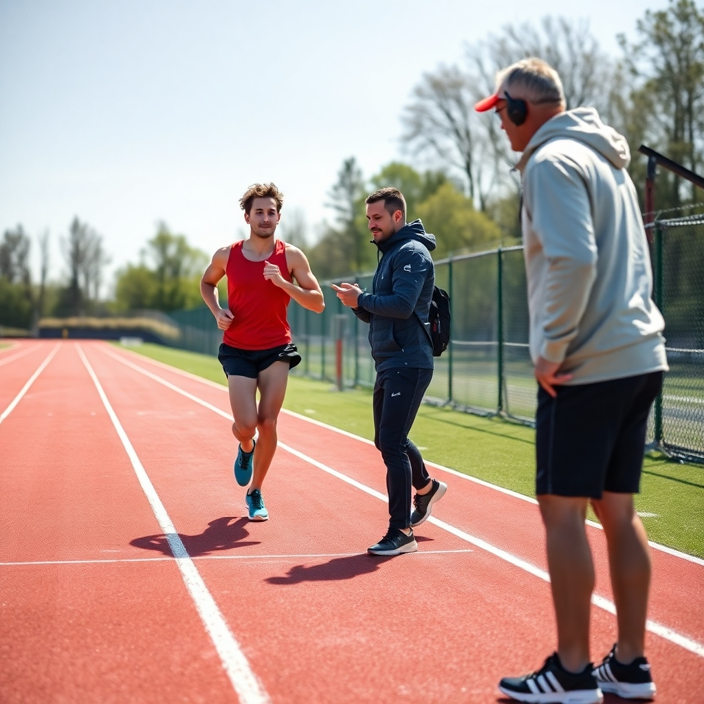 A photograph of a running track with a single runner being coached from the sidelines. The coach is providing specific feedback and encouragement. The runner is focused and determined, striving to improve their performance. The image should convey the idea of personalized training and the pursuit of excellence. The lighting should be bright and energetic, emphasizing the dynamism of the scene.