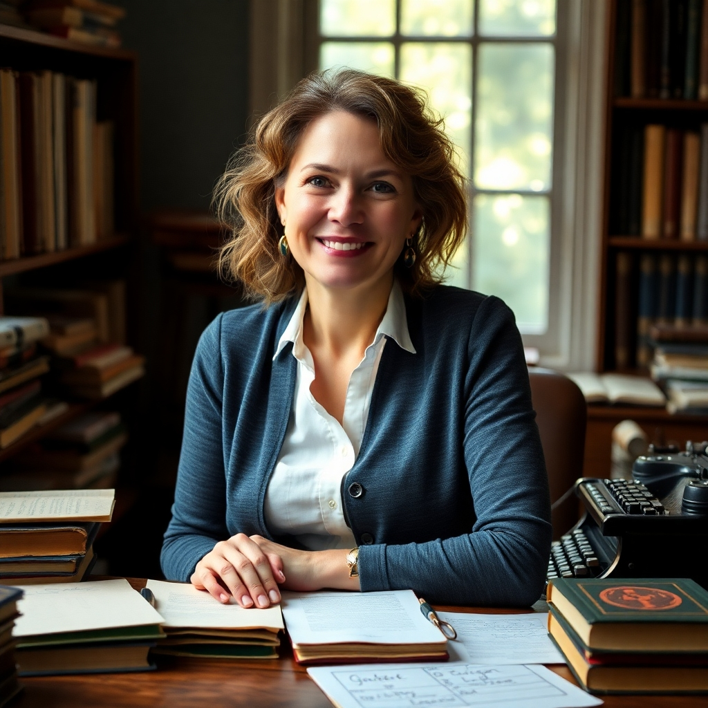 A portrait of a seasoned writer, radiating warmth, intelligence, and approachability. She's seated at a desk filled with well-worn books, a vintage typewriter, and handwritten notes. Soft, natural light streams in from a window, illuminating her face and creating a sense of depth and experience. The overall tone should be professional yet inviting, conveying trust and expertise.
