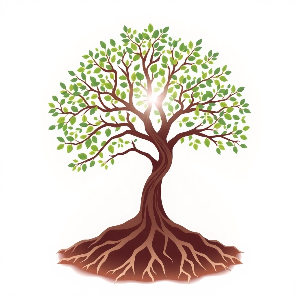 A stylized image depicting a tree with deep roots, symbolizing the writer's 30+ years of experience. The branches of the tree are reaching upwards, representing growth, knowledge, and the development of skills. Sunlight filters through the leaves, creating a sense of hope and potential. The overall aesthetic should be elegant and sophisticated, conveying wisdom and longevity.