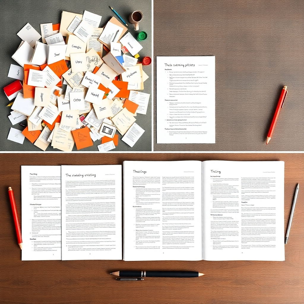 A visually appealing image depicting the creative writing process, from initial brainstorming to final polished product. Start with a chaotic collection of scattered notes, mind maps, and scribbles transitioning to a neatly organized outline, and ultimately culminating in a beautifully formatted document ready for publication. Use a split-screen or multi-panel layout to showcase the progression. The overall impression should be one of clarity, transformation, and the power of organization in the creative process.