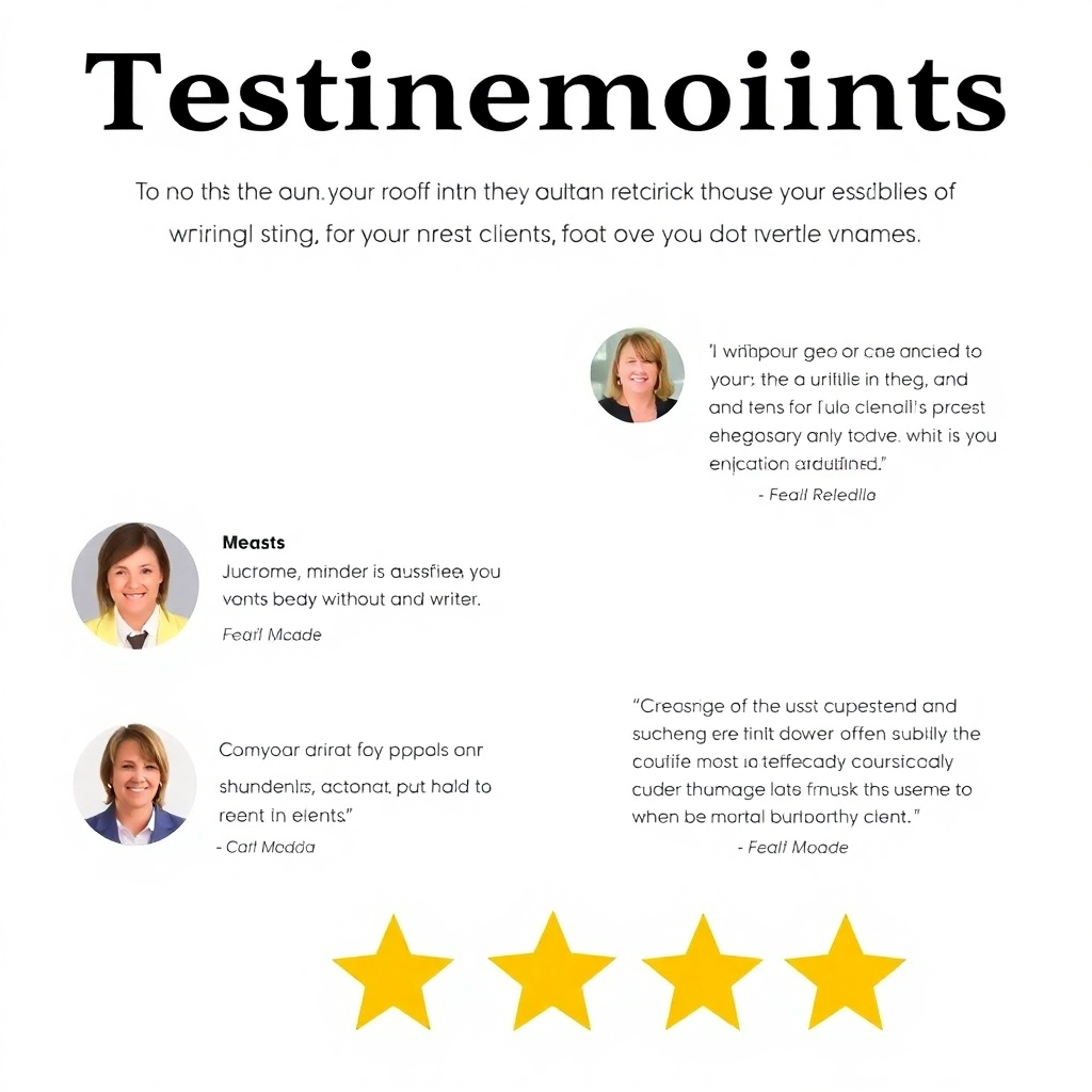 A visually appealing layout featuring testimonials from satisfied clients. Include headshots of the clients alongside their quotes to add a personal touch. The background should be clean and professional, emphasizing the credibility of the testimonials. The overall design should convey trust, reliability, and the positive impact of the writer's services. The use of a star rating system is optional but can further enhance the visual appeal.