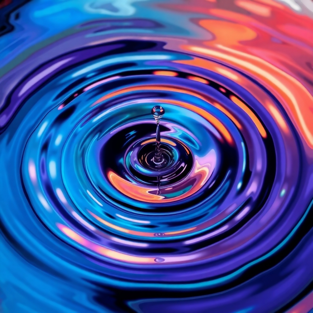 An abstract image representing the ripple effect of powerful writing. Visualize a single drop of ink falling into a pool of water, creating concentric circles that expand outwards. Each ripple represents the impact of a well-written message, reaching a wider audience and generating positive results. Use vibrant colors and fluid lines to convey the dynamic nature of communication.