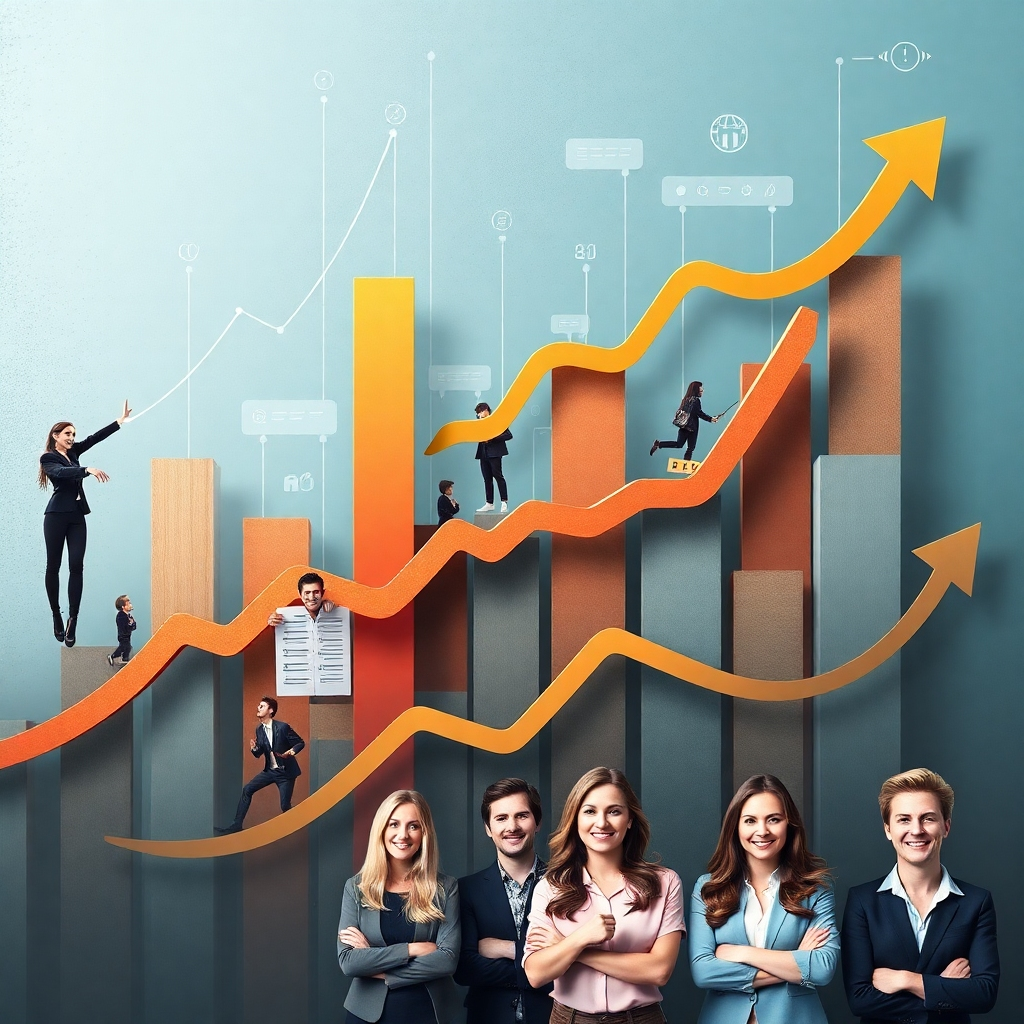 An image depicting a series of rising graphs and charts, symbolizing the success and growth achieved by the writer's clients. Interweave these visuals with photos of happy and accomplished individuals, representing the real-world impact of the writer's services. The overall composition should convey a sense of progress, achievement, and the tangible benefits of working with the writer. Use a color palette that inspires confidence and optimism.