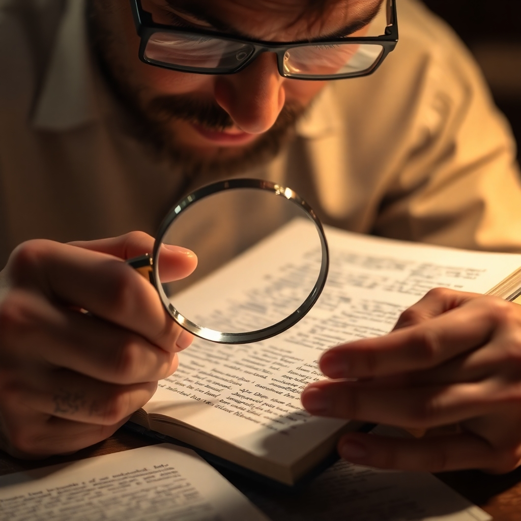 An image depicting a writer meticulously examining a handwritten manuscript with a magnifying glass. The focus is on the details of the text, revealing hidden nuances and opportunities for improvement. The lighting is warm and focused, creating a sense of intimacy and attention to detail. The overall impression is one of thoroughness, precision, and a deep understanding of the craft of writing.