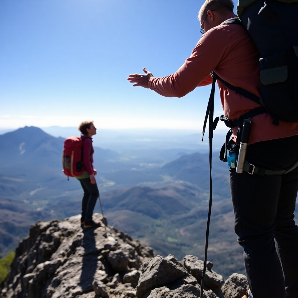 An image showing a person climbing a mountain with the support of a climbing instructor. The instructor is providing guidance and encouragement, helping the climber navigate challenging terrain. The scenery is breathtaking, with panoramic views of the surrounding landscape. The image symbolizes the journey of personal growth and the support provided by a dedicated coach.