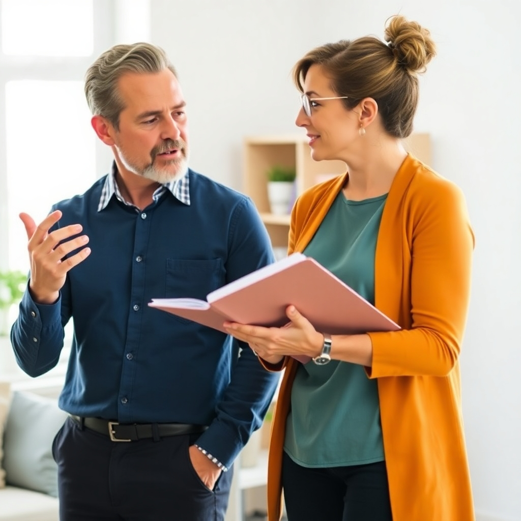 An image showing two people in a focused, collaborative discussion. One person, representing the writer/coach, is gesturing thoughtfully while the other, representing the client, is listening intently with a notebook in hand. The setting is a bright and comfortable workspace. The overall impression is one of partnership, trust, and shared commitment to achieving specific communication goals. Use a color palette that conveys energy and positive collaboration.