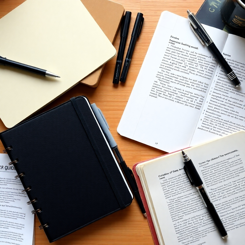 An overhead shot of a writer's desk filled with essential tools: notebooks, pens, a thesaurus, a style guide, and a partially written manuscript. The desk is organized and purposeful, reflecting the writer's dedication to their craft. The lighting is soft and natural, emphasizing the textures and details of the scene. The overall feel is one of professionalism, preparation, and a deep appreciation for the art of writing.
