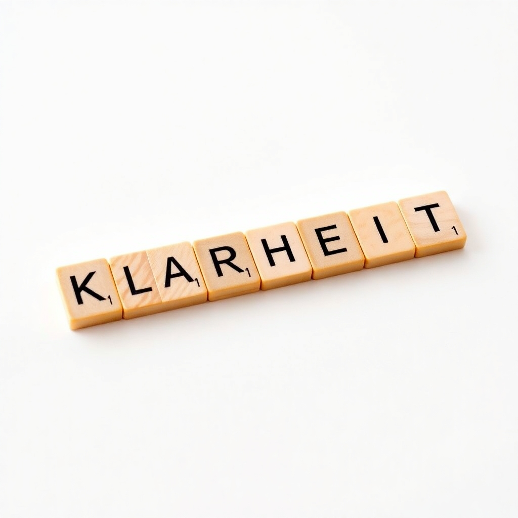 A close-up shot of a human hand carefully arranging letter tiles on a wooden surface to spell out the word "Klarheit" (Clarity). The background is intentionally blurred, putting the focus on the act of crafting precise and meaningful communication. The lighting is soft and natural, emphasizing the tactile nature of the process. The overall feel is one of thoughtfulness, precision, and the power of language to create understanding.
