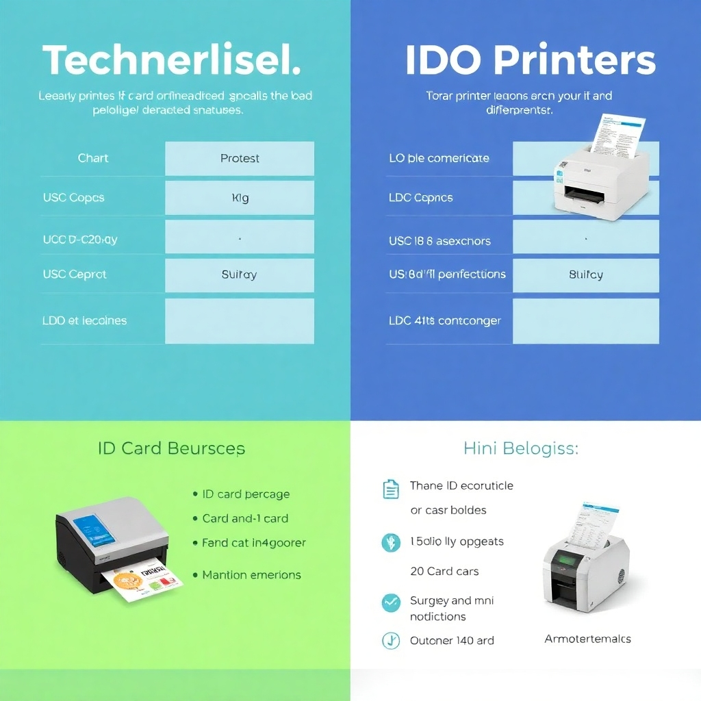 A clean, informative infographic-style image presenting a comparative look at the technical specifications and features of selected ID card printers. Elements like charts, icons, and mini machine images should be included, all within a visually appealing layout with a cohesive color scheme of blues and greens. Soft shadows and precise details should create a dimensional effect, helping the viewer easily grasp the differences.