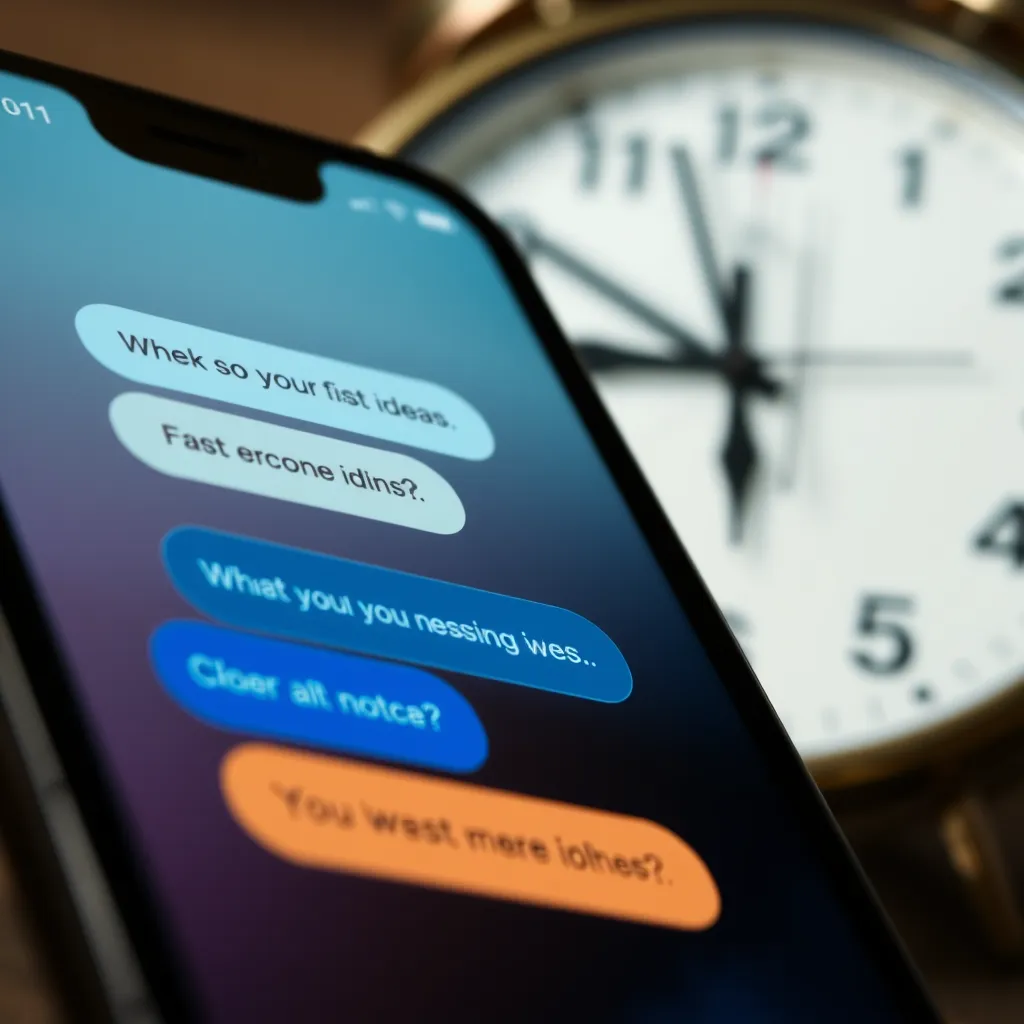 A close-up of a smartphone screen displaying a messaging app with a chat conversation. The chat bubbles indicate a fast exchange of ideas. In the background, a clock shows time passing quickly, symbolizing promptness in communication.