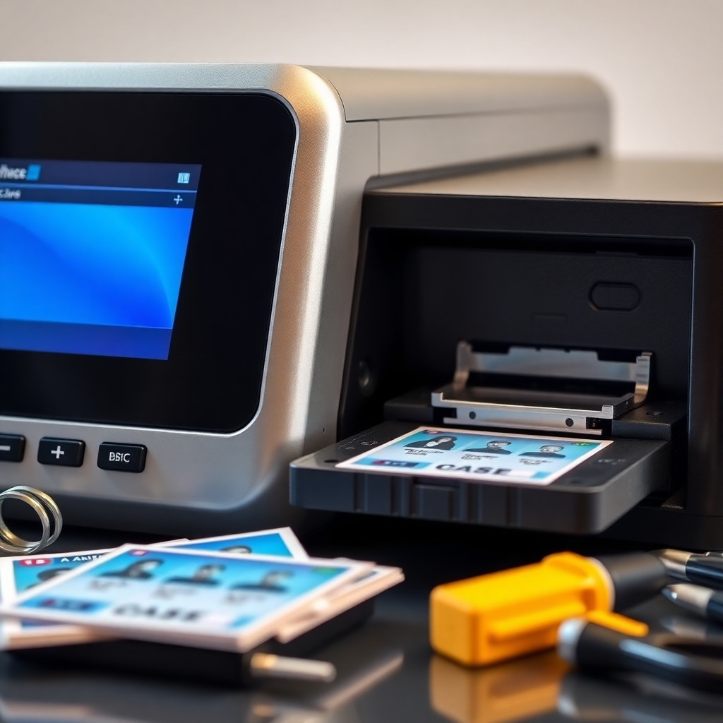 A close-up, photorealistic image focusing on the intricate details of a high-end ID card printer, emphasizing features like the touch screen interface and card feed mechanisms. The lighting should be bright and focused, bringing out the shiny surfaces and buttons. Surrounding props could include printed sample cards and tools used for ID creation, all placed against a neutral background to maintain focus on the printer itself.