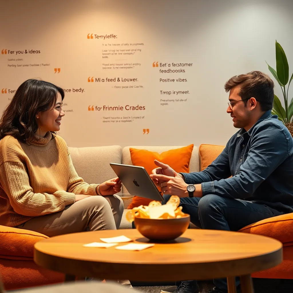 A cozy feedback corner featuring a couple of customers discussing ideas over a tablet. The setting is warmly lit using ambient lighting that enhances a collaborative atmosphere. The color scheme consists of soft beige and orange accents, evoking friendliness. The camera is positioned at a low angle, capturing the expressions of the customers as they exchange ideas while seated in a comfortable lounge area. Textures include the fabric of plush seats and the sleek surface of a wooden coffee table adorned with note cards. Background elements include a cheerful wall with customer testimonials and positive vibes. An inviting snack bowl and a small plant add a personal touch. The image should be hyperrealistic, focusing on 8K resolution and an ultra-detailed atmosphere that emphasizes community and connection.