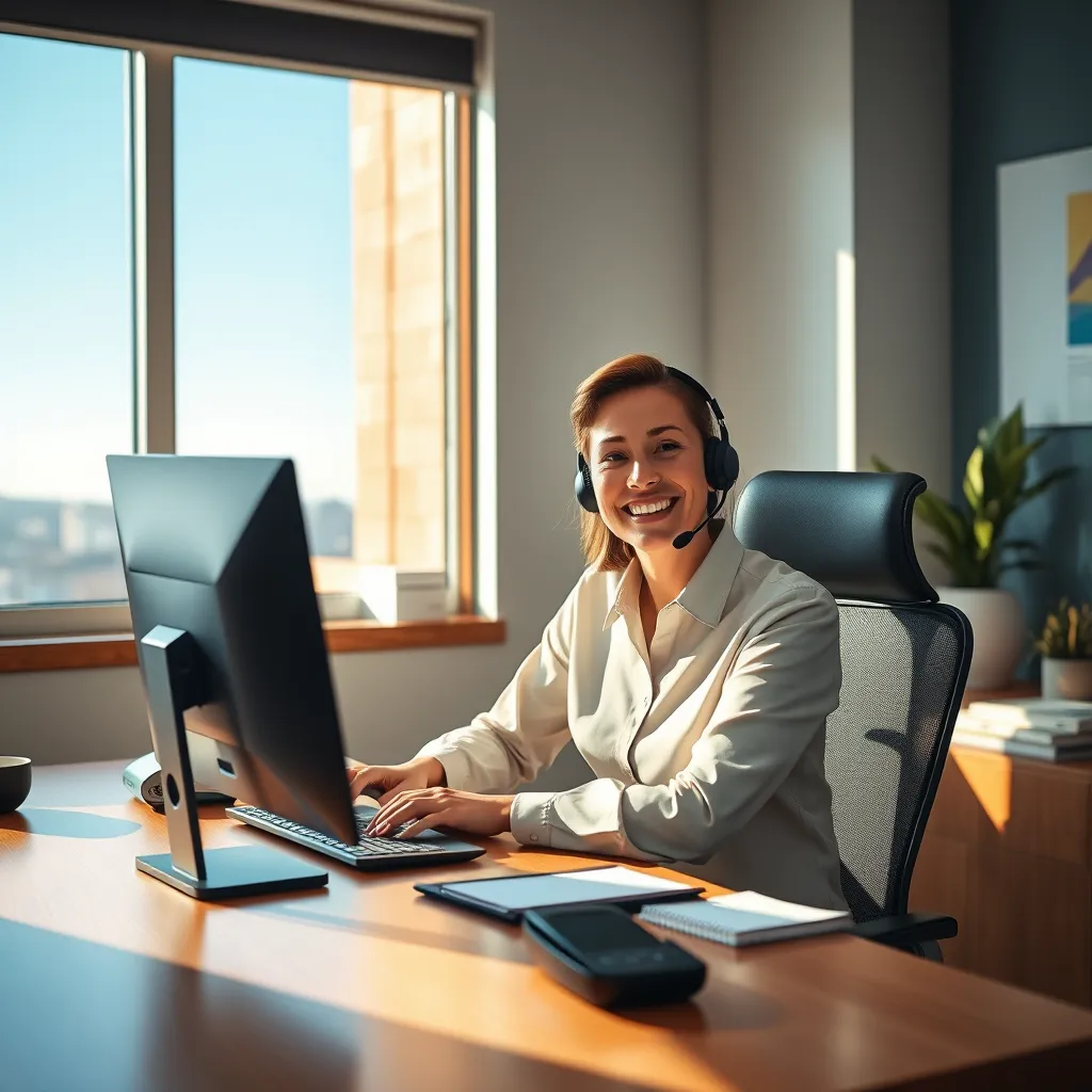A cozy office setting with a friendly customer support representative sitting at a desk. The desk has a computer, a phone, and a notepad. A window shows a clear blue sky outside, symbolizing openness and accessibility.