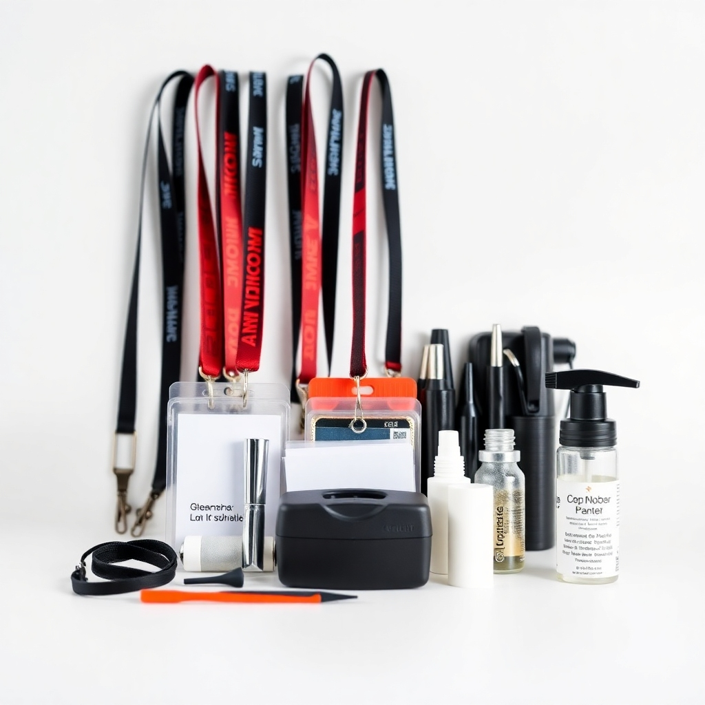 A detailed, photorealistic image capturing a well-organized kit filled with essential accessories for ID card printing, including lanyards, badge holders, and specialized cleaning tools. Bright, even lighting highlights the textures of each item, creating an appealing setup against a minimalistic background. This arrangement should communicate completeness and preparedness for high-quality ID production.