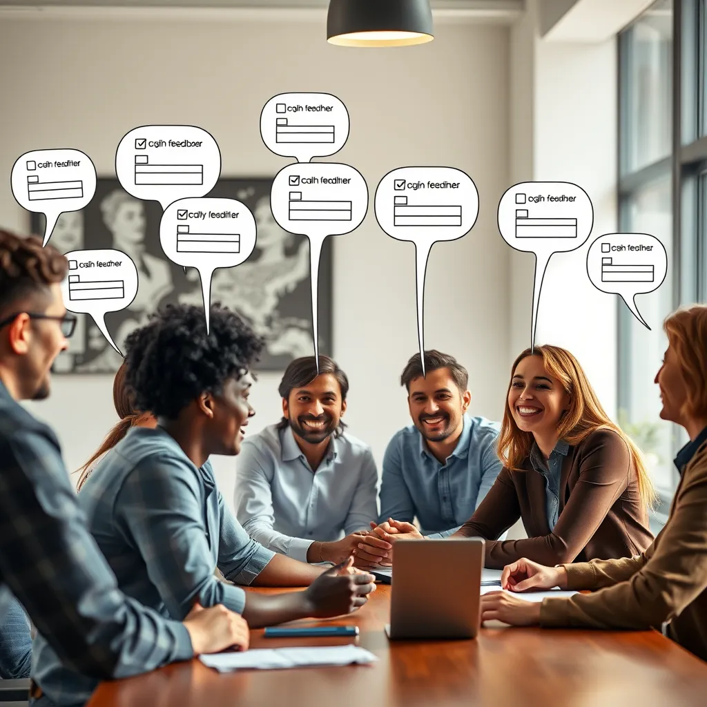 A diverse group of people gathered around a table engaged in a conversation. Each person is smiling and sharing ideas, with speech bubbles above them depicting various customer feedback forms. The setting is bright and inviting.
